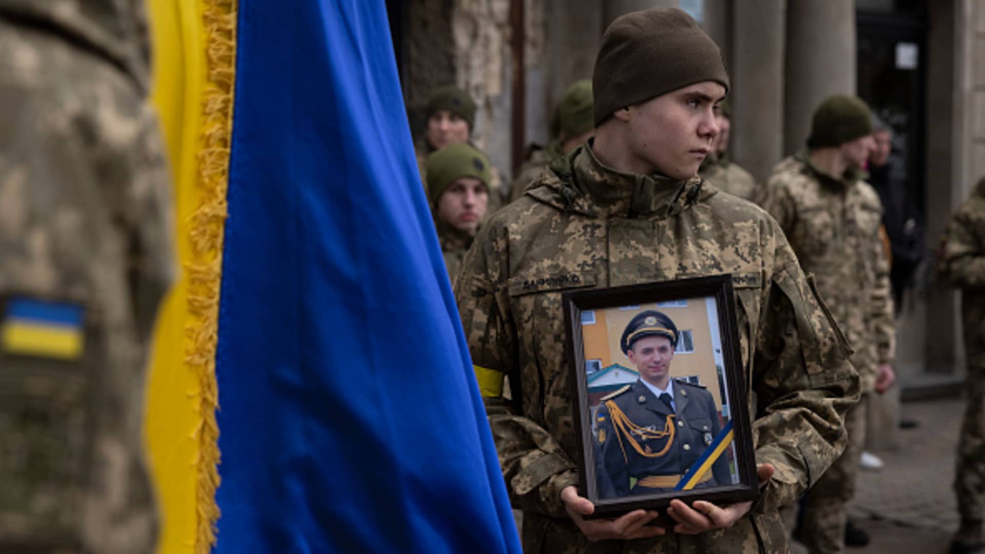 A joint funeral takes place at 'Saint's Peter and Paul Garrison Church', for two soldiers who died in the east of the country during recent fighting, on March 08, 2022 in Lviv, Ukraine.
