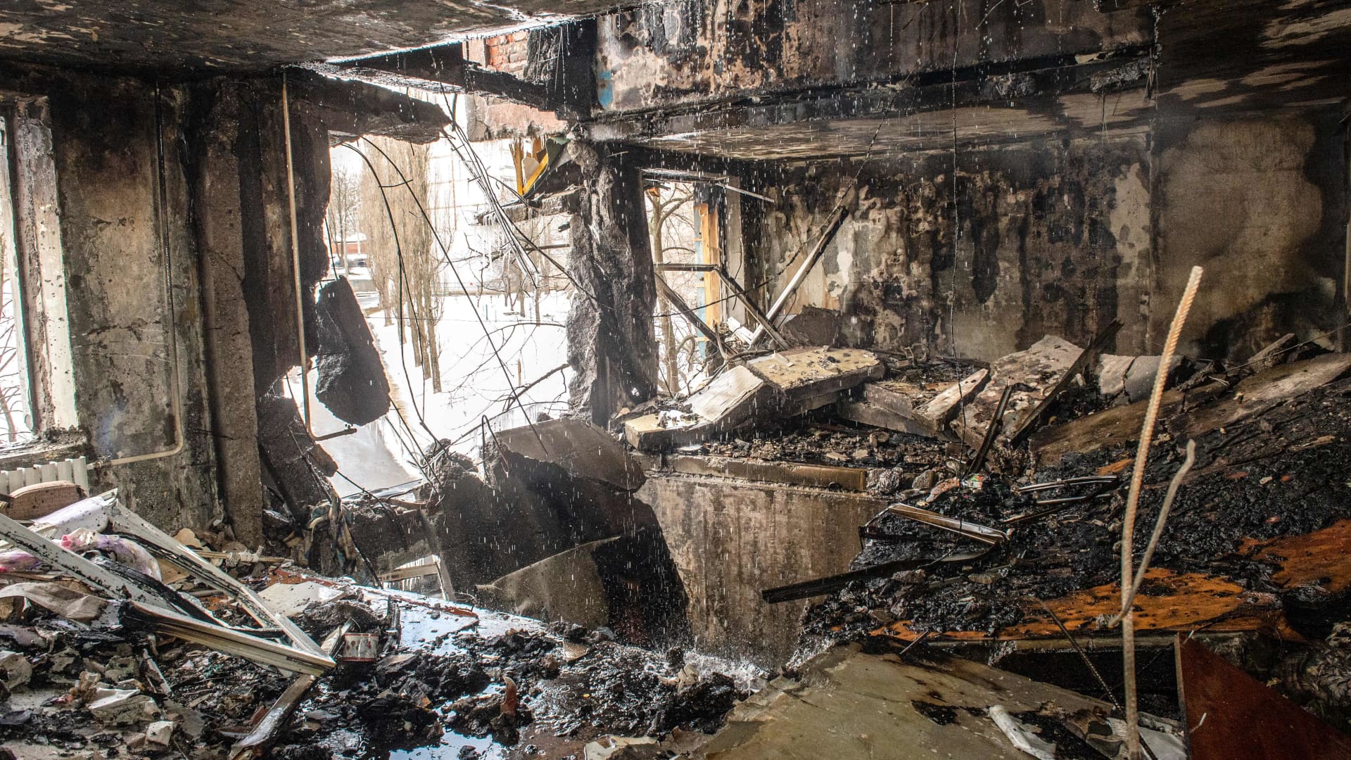 This picture shows an apartment destroyed after shelling the day before in Ukraine's second-biggest city of Kharkiv on March 8, 2022.