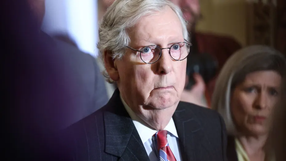 U.S. Senate Minority Leader Mitch McConnell (R-KY) faces reporters following the Senate Republicans weekly policy lunch at the U.S. Capitol in Washington, March 8, 2022.