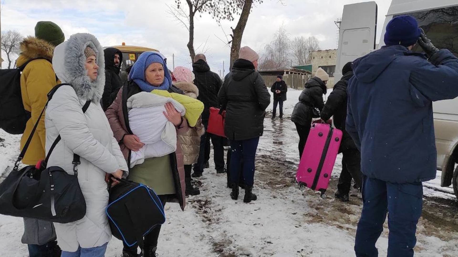 Civilians flee the city after temporary ceasefire announced on March 8, 2022 in Sumy, Ukraine.
