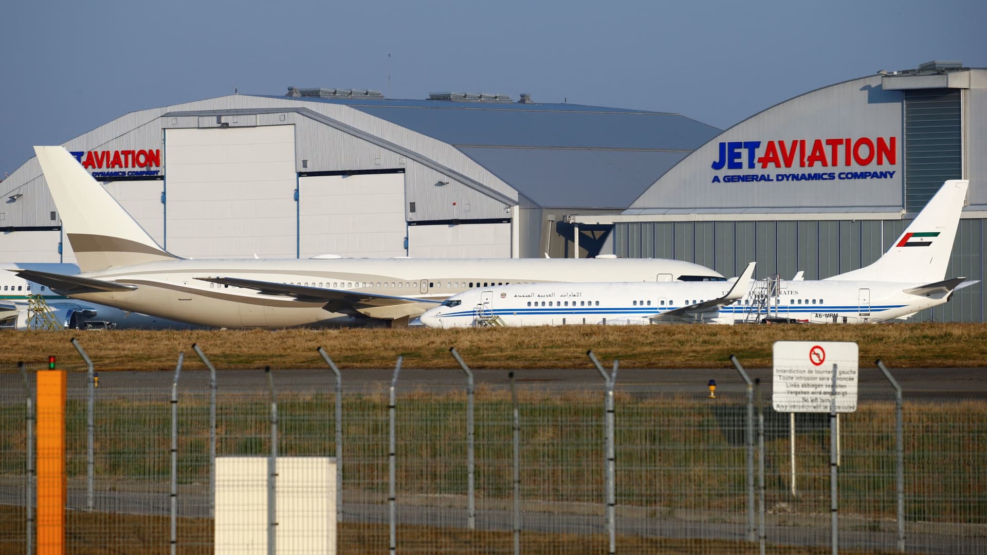 A plane, according to Swiss media reports believed to be used in the past by Russian billionaire Roman Abramovich, is pictured on the grounds of EuroAirport Basel Mulhouse Freiburg near Mulhouse, France, March 9, 2022.