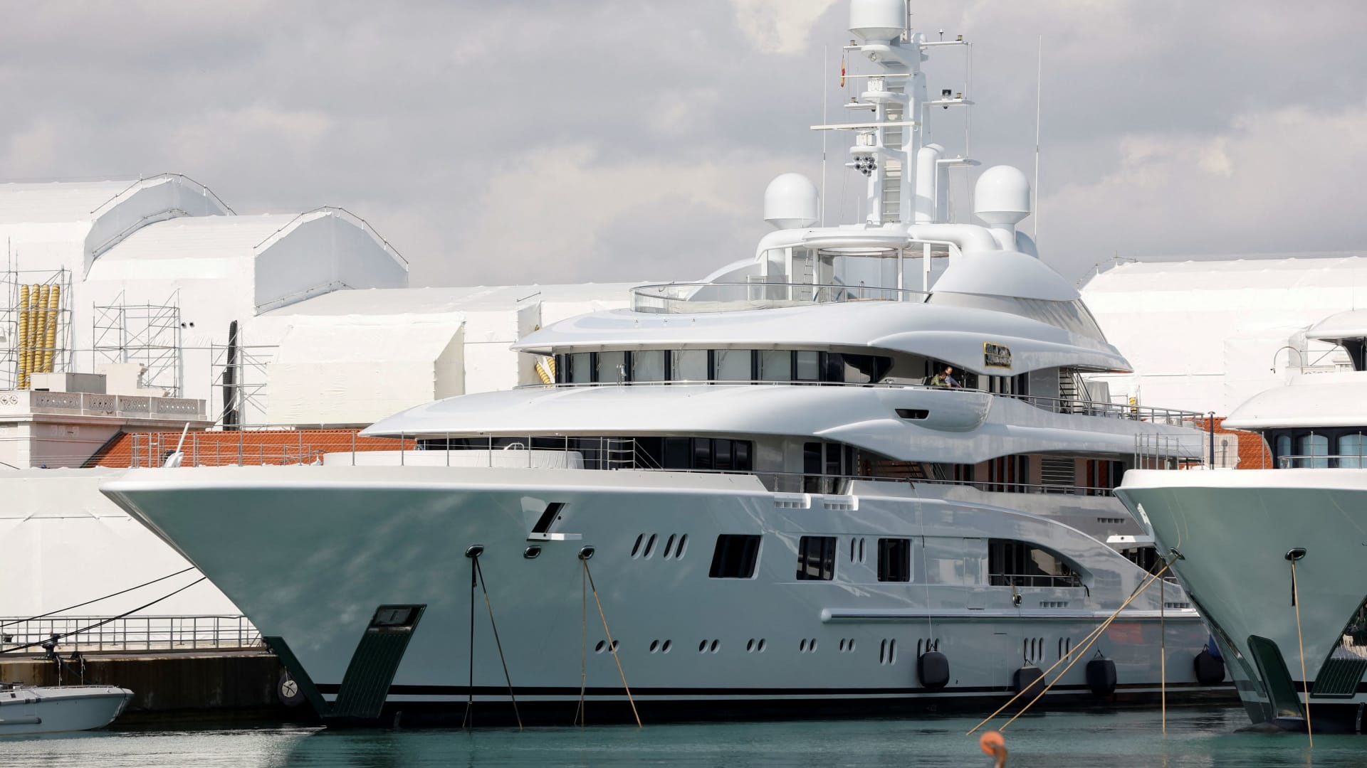 Superyacht Valerie, linked to chief of Russian state aerospace and defence conglomerate Rostec Sergei Chemezov, is seen at Barcelona Port in Barcelona city, Spain, March 9, 2022.
