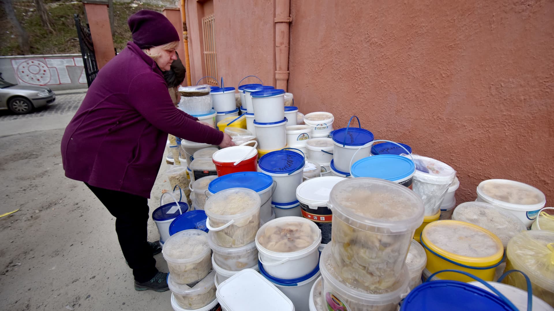 People from the Lviv Volunteer Kitchen prepare food and dry rations for the Ukrainian military on the front lines, amid Russia's invasion of Ukraine, in Lviv, Ukraine, March 9, 2022.