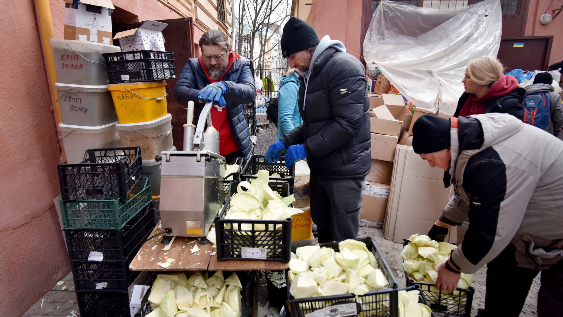 People from the Lviv Volunteer Kitchen prepare food and dry rations for the Ukrainian military on the front lines, amid Russia's invasion of Ukraine, in Lviv, Ukraine, March 9, 2022.