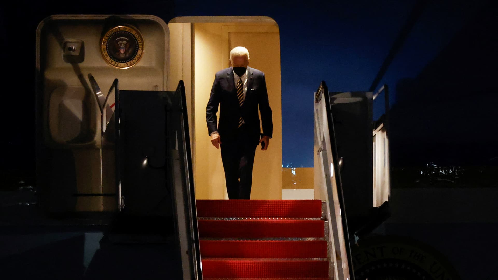 U.S. President Joe Biden arrives aboard Air Force One at Joint Base Andrews, Maryland, U.S., March 8, 2022.