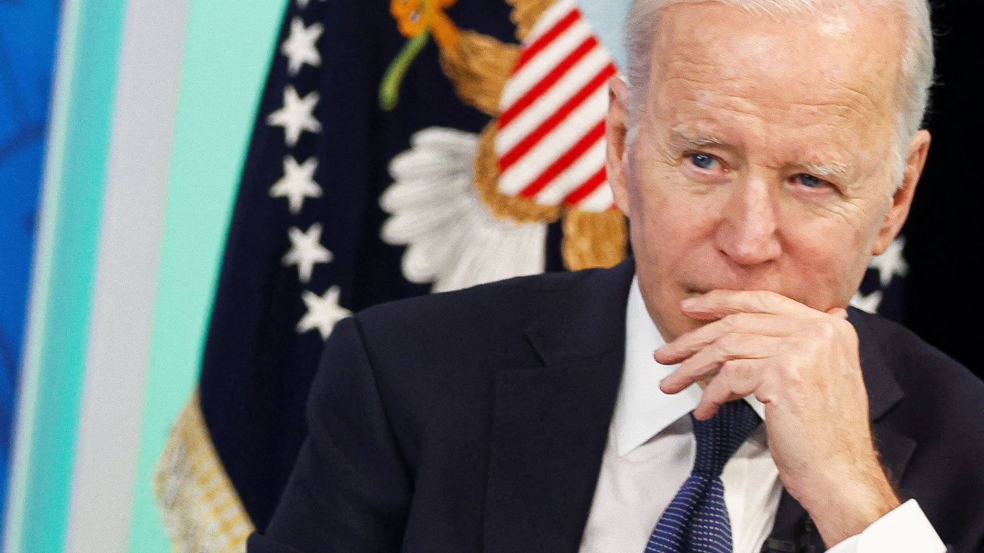 U.S. President Joe Biden holds a virtual meeting with business leaders and state governors to discuss supply chain problems, particularly addressing semiconductor chips, on the White House campus in Washington, March 9, 2022.