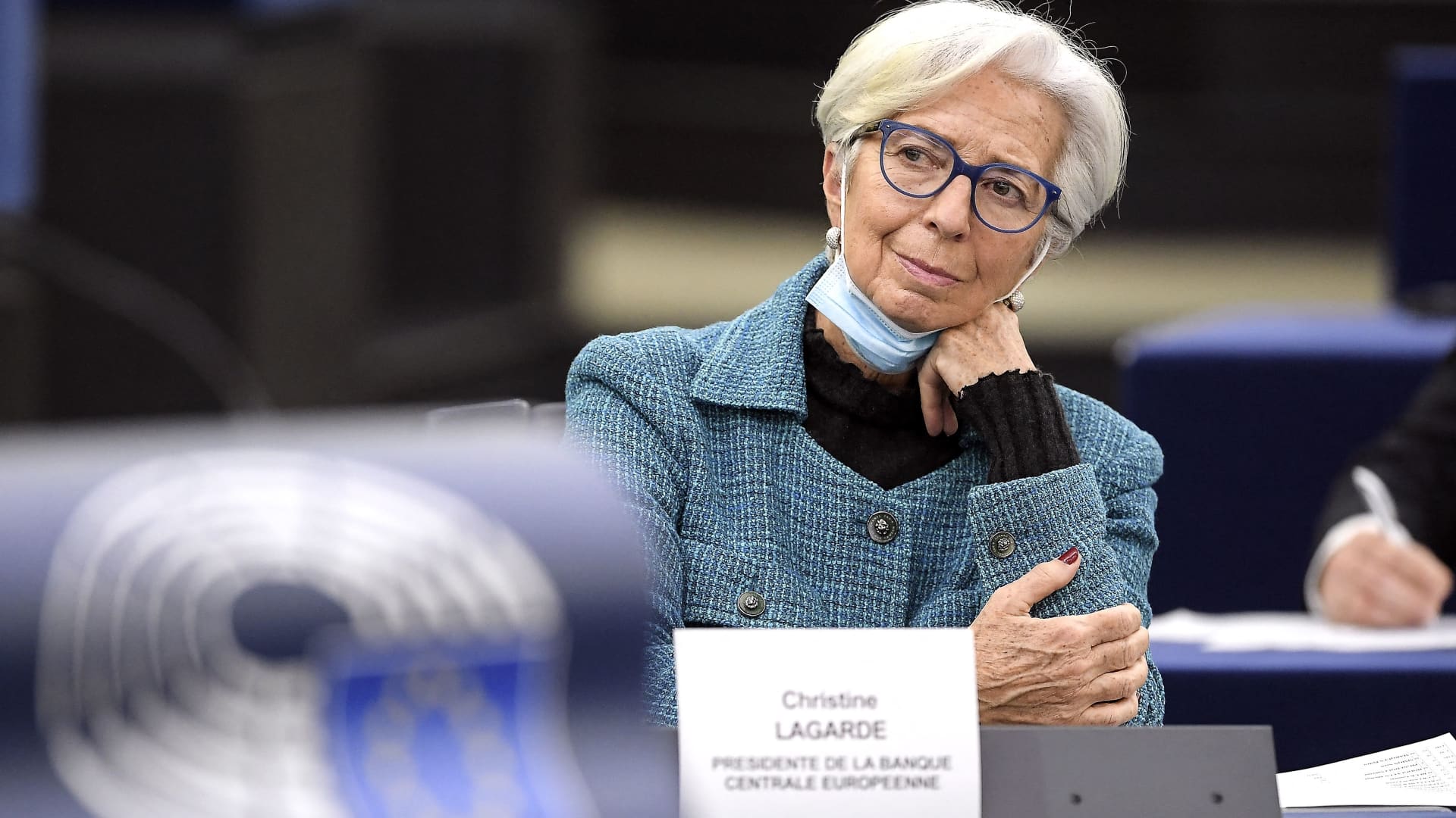 European Central Bank President Christine Lagarde attends a debate during a plenary session at the European Parliament on February 14, 2022 in Strasbourg, eastern France.