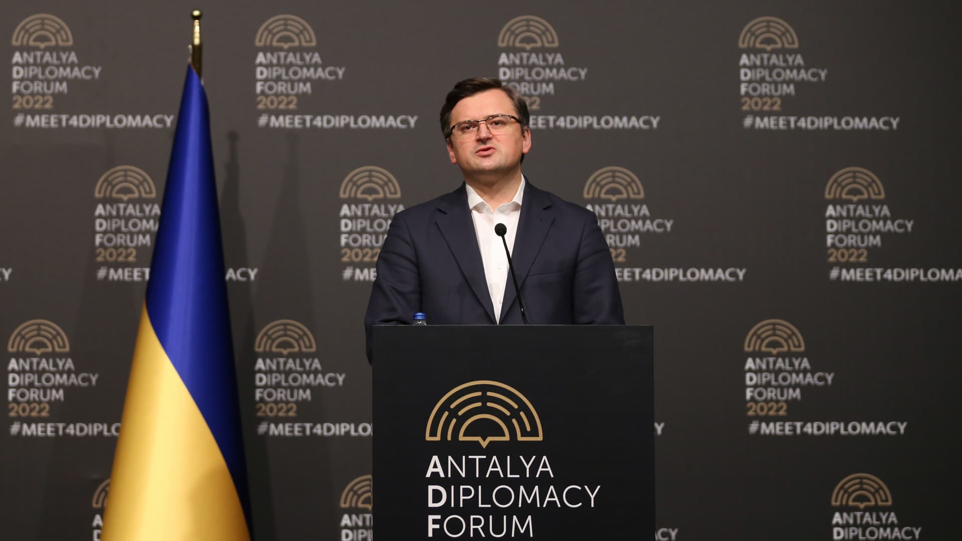 Ukraine's Foreign Minister Dmytro Kuleba holds a press conference after the Russia-Turkiye-Ukraine tripartite Foreign Ministers meeting in Antalya, Turkiye on March 10, 2022.