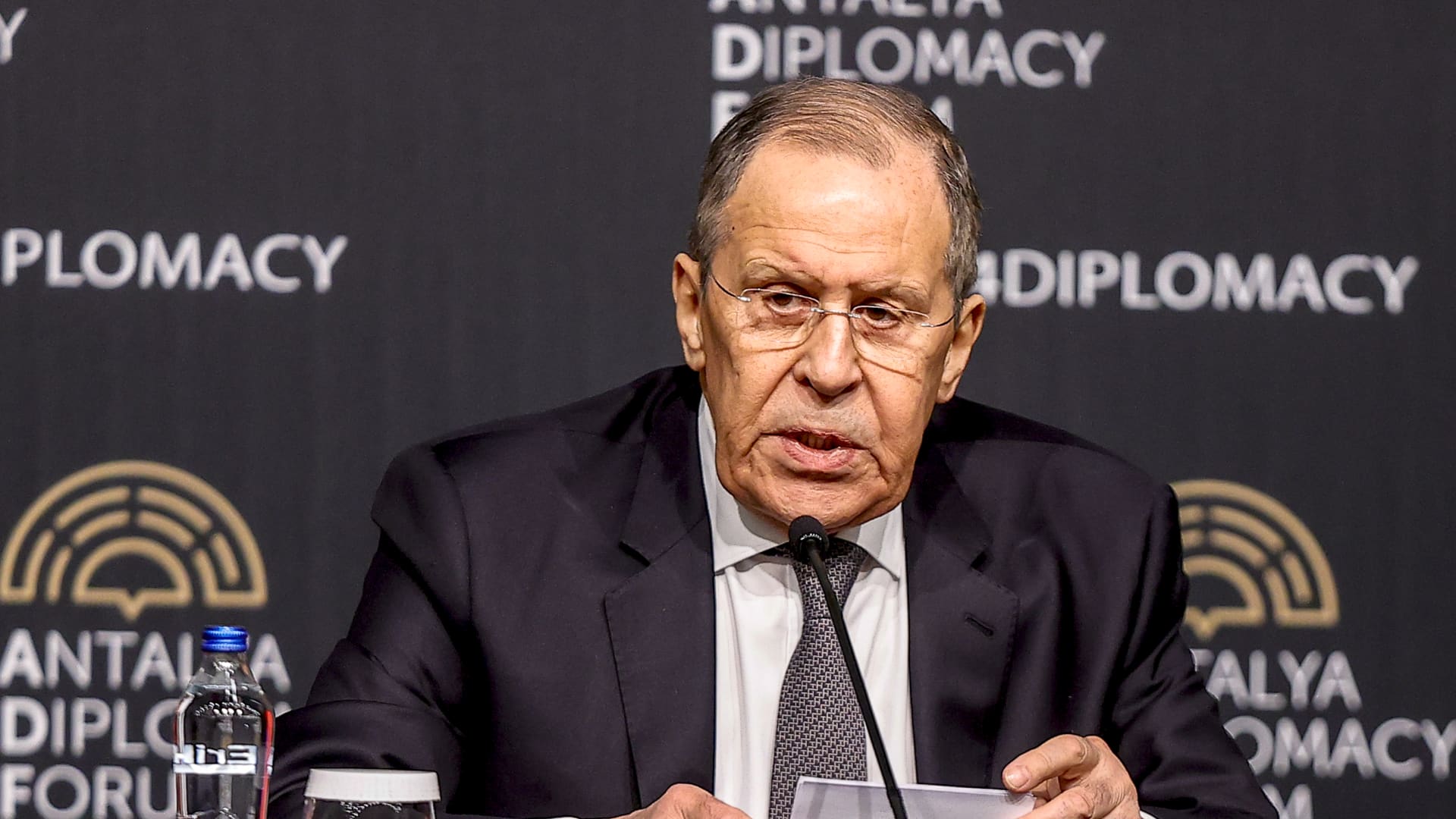 Russian Foreign Minister Sergey Lavrov holds a press conference after the Russia-Turkiye-Ukraine tripartite Foreign Ministers meeting in Antalya, Turkiye on March 10, 2022.