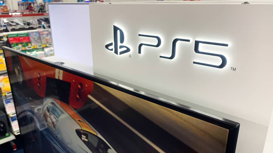 The PlayStation 5 logo pictured at a store in Krakow, Poland.