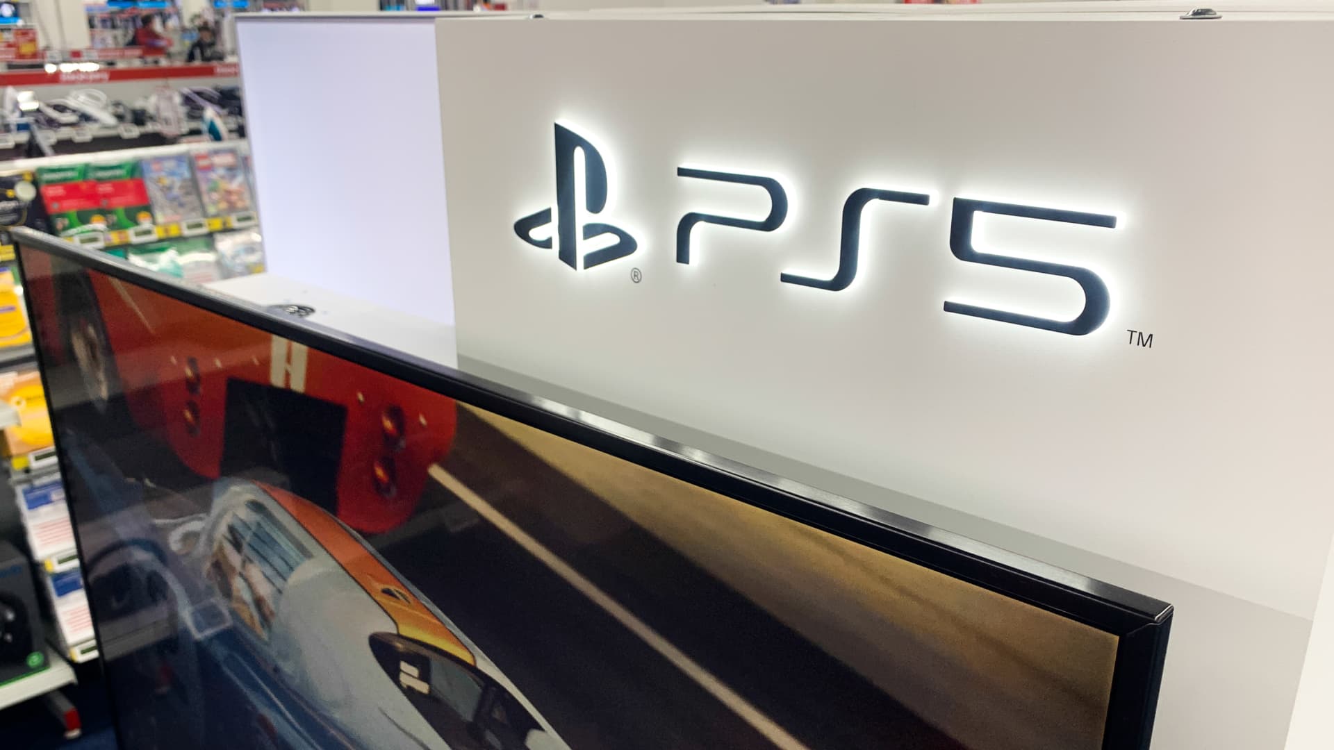 The PlayStation 5 logo pictured at a store in Krakow, Poland.