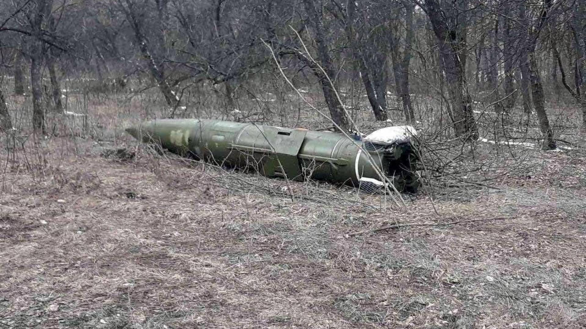 An unexploded short range hypersonic ballistic missile, according to Ukrainian authorities, from Iskander complex is seen amid Ukraine-Russia conflict in Kramatorsk, Ukraine, in this handout picture released March 9, 2022.