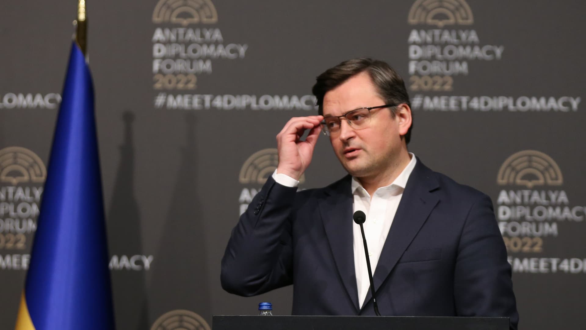 Ukraine's Foreign Minister Dmytro Kuleba holds a press conference after Russia-Turkiye-Ukraine tripartite Foreign Ministers meeting at the Antalya Diplomacy Forum in Antalya, Turkiye on March 10, 2022.