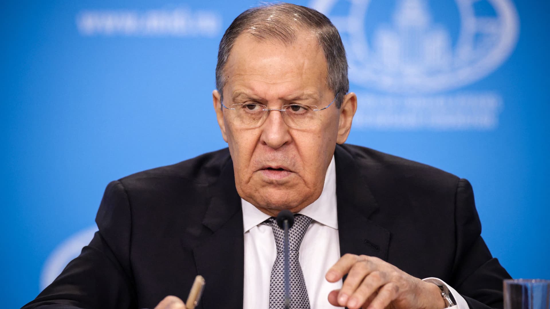 Russian Foreign Minister Sergei Lavrov gives an annual press conference on Russian diplomacy in 2021, in Moscow on January 14, 2022.