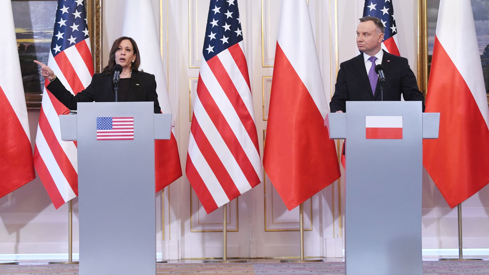 US Vice President Kamala Harris and Polish President Andrzej Duda hold a press conference at Belwelder Palace in Warsaw, Poland, March 10, 2022.