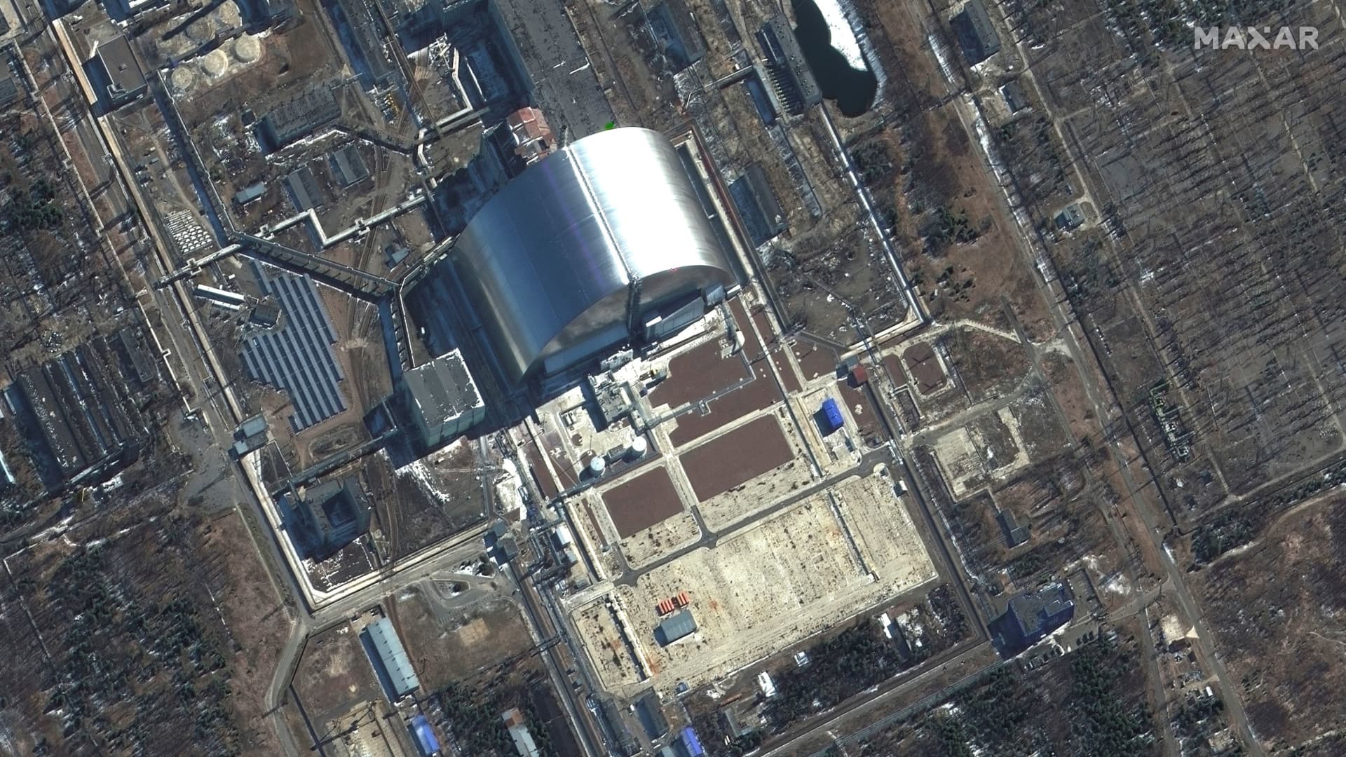 A satellite image shows a closer view of sarcophagus at Chernobyl, amid Russia's invasion of Ukraine, Ukraine, March 10, 2022.