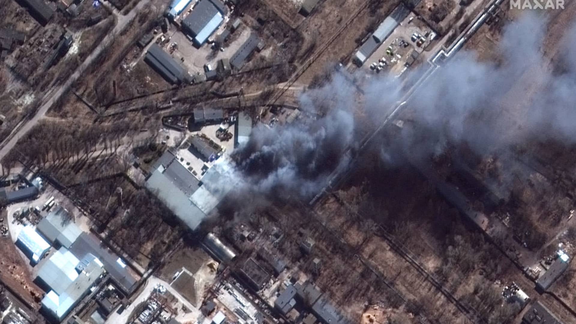 Maxar satellite imagery closeup of fires in Chernihiv, Ukraine, on March 10, 2022.