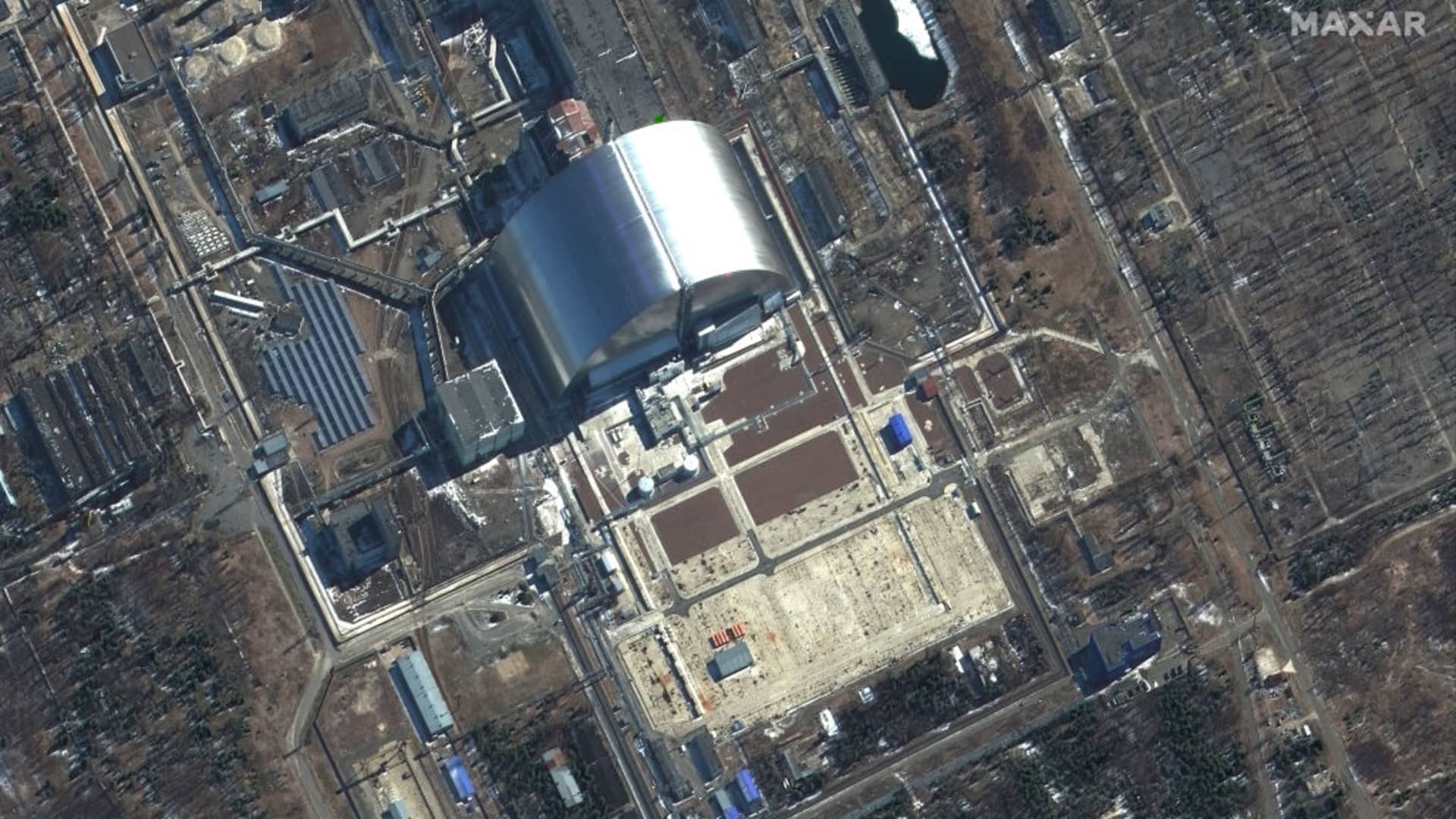 Maxar satellite imagery closeup of Chornobyl Nuclear Power Plant in Ukraine on March 10, 2022.