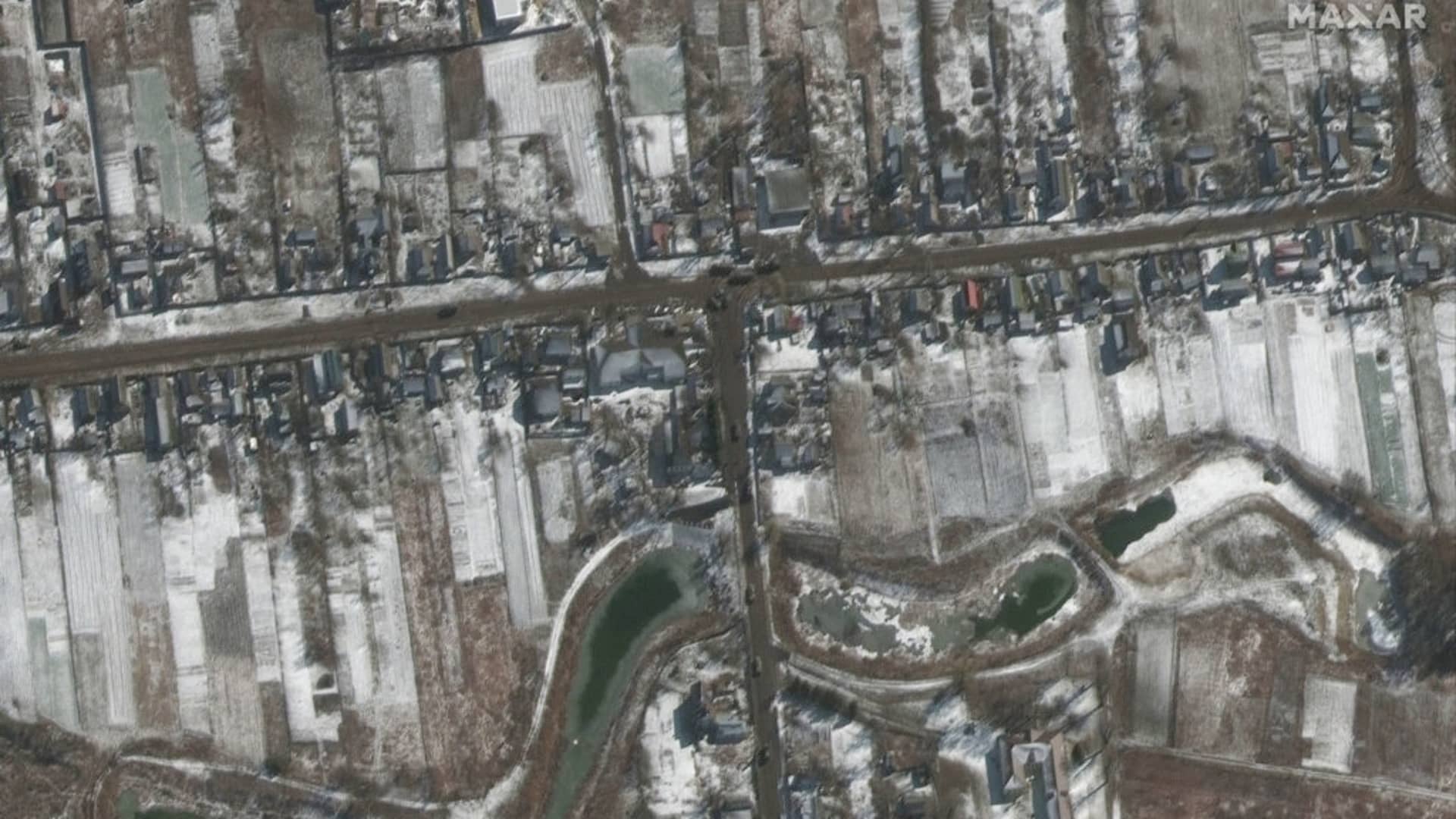 Maxar satellite imagery of troops and equipment deployed in the town of Ozera, Ukraine, northeast of Antonov Airport on the outskirts of Kyiv, on March 10, 2022.