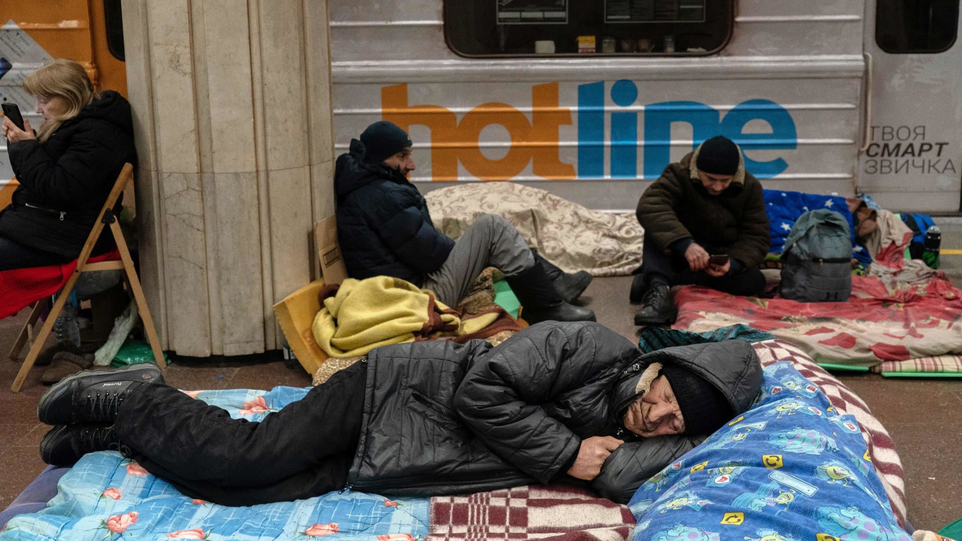 Residents shelter from attacks in a metro station of Kharkiv, a city in northeastern Ukraine.