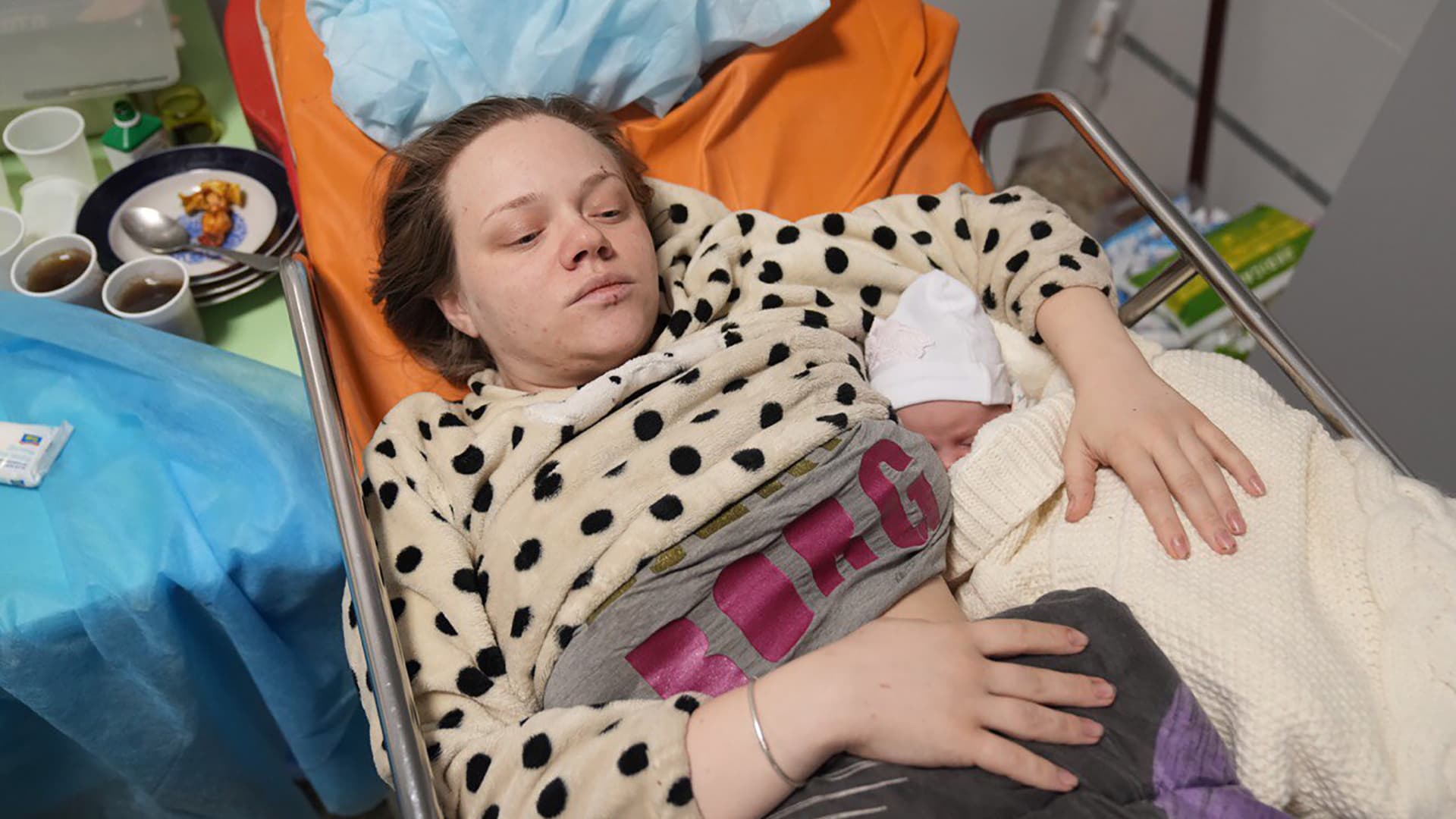 Mariana Vishegirskaya lies in a hospital bed after giving birth to her daughter Veronika, in Mariupol, Ukraine, Friday, March 11, 2022.