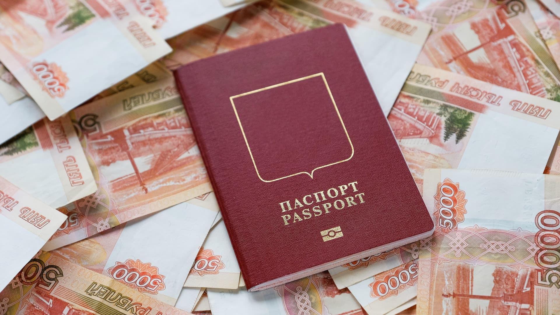 An illustration showing a Russian Passport and money.