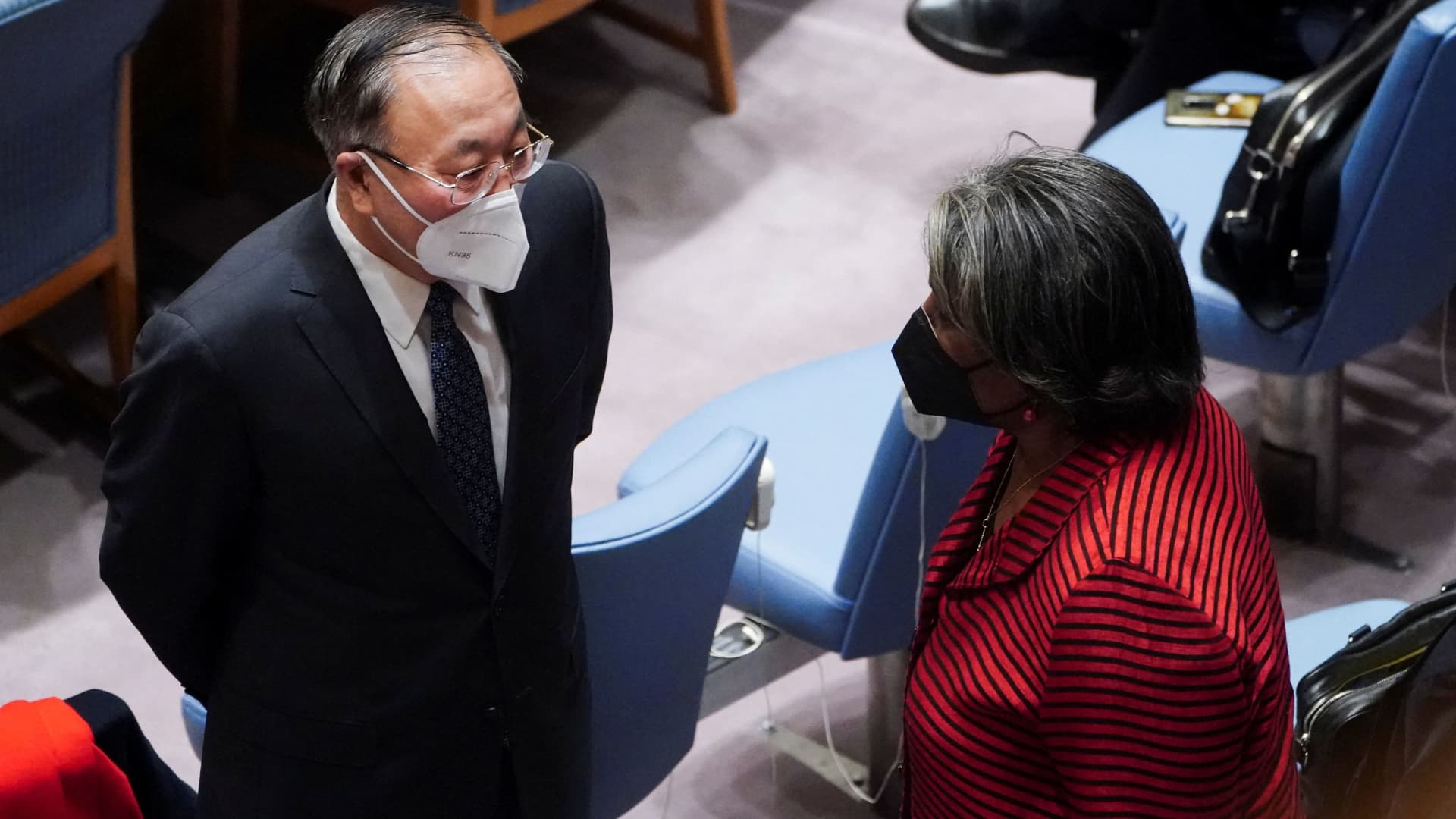 China's Ambassador to the U.N. Zhang Jun speaks with U.S. Ambassador to the U.N. Linda Thomas-Greenfield at the United Nations Security Council meeting on Threats to International Peace and Security, following Russia's invasion of Ukraine, in New York City, U.S. March 11, 2022.