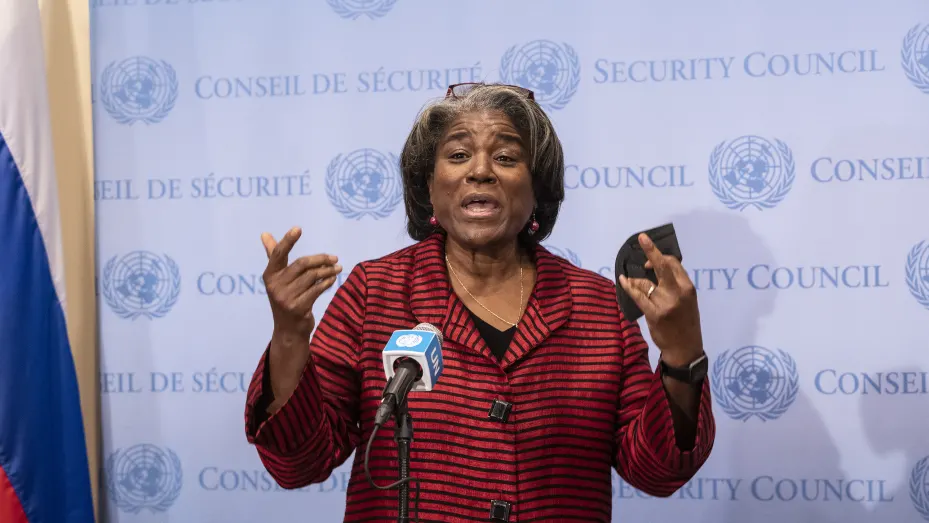 US Ambassador Linda Thomas-Greenfield makes a statement at a stakeout at the Security Council at UN Headquarters. Meeting was convened at the request of the Russian Federation who accused Ukraine of developing biologi