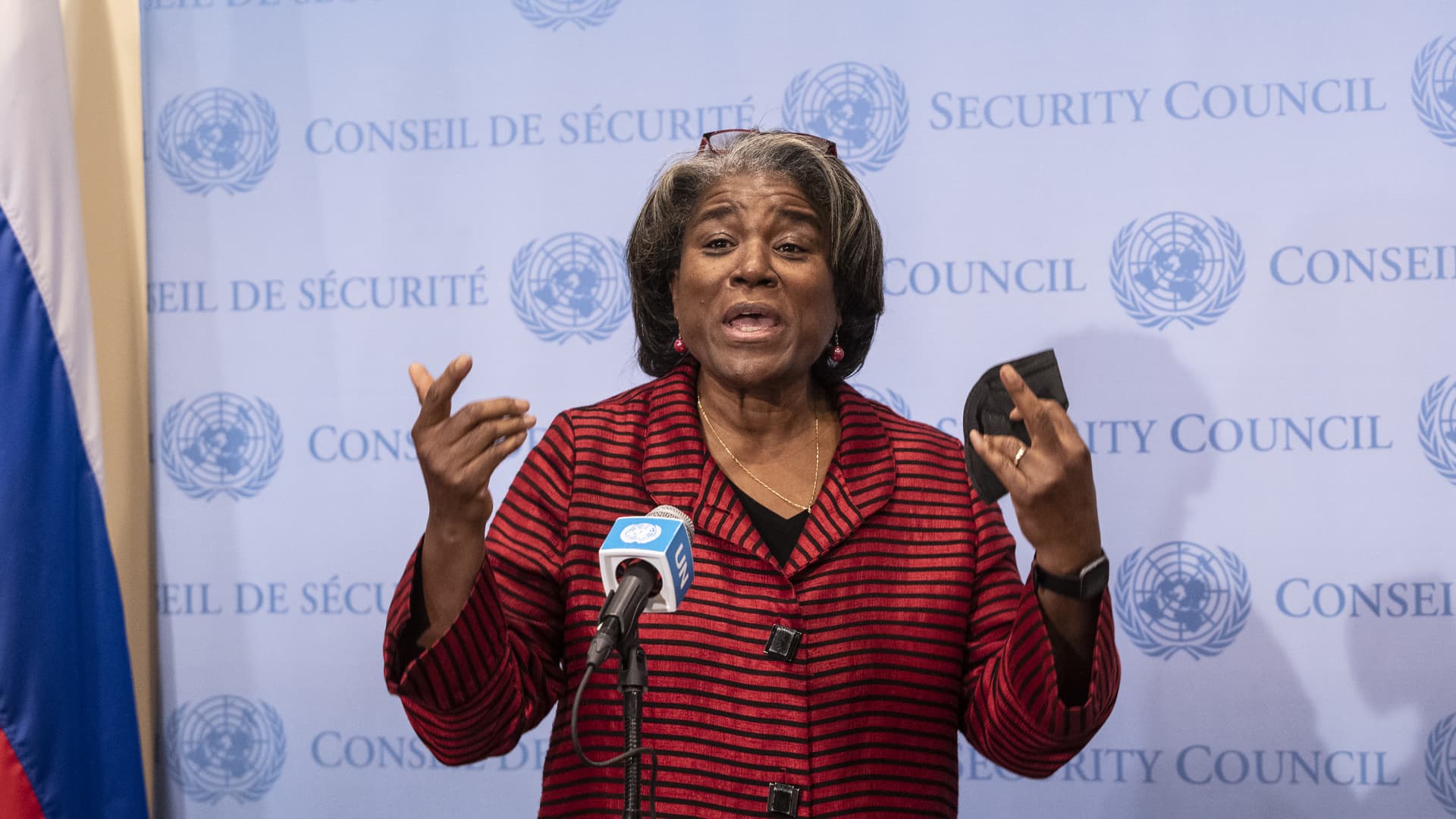 US Ambassador Linda Thomas-Greenfield makes a statement at a stakeout at the Security Council at UN Headquarters. Meeting was convened at the request of the Russian Federation who accused Ukraine of developing biological weapons under the tutelage of the United States without providing any evidence.