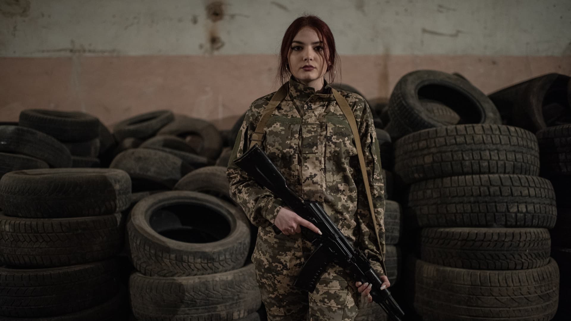 A civilian after moving to a bomb shelter because of an air raid alarm during military training for civilians conducted by the Prosvita society in Ivano-Frankivsk, Ukraine, on Friday, March 11, 2022.
