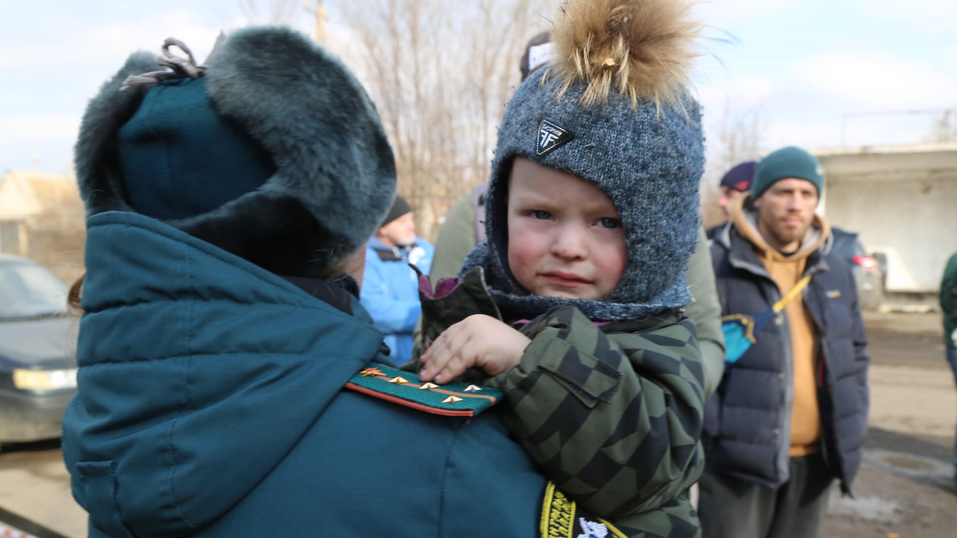 A child among a group of civilians who managed to flee Mariupol on March 10, 2022.