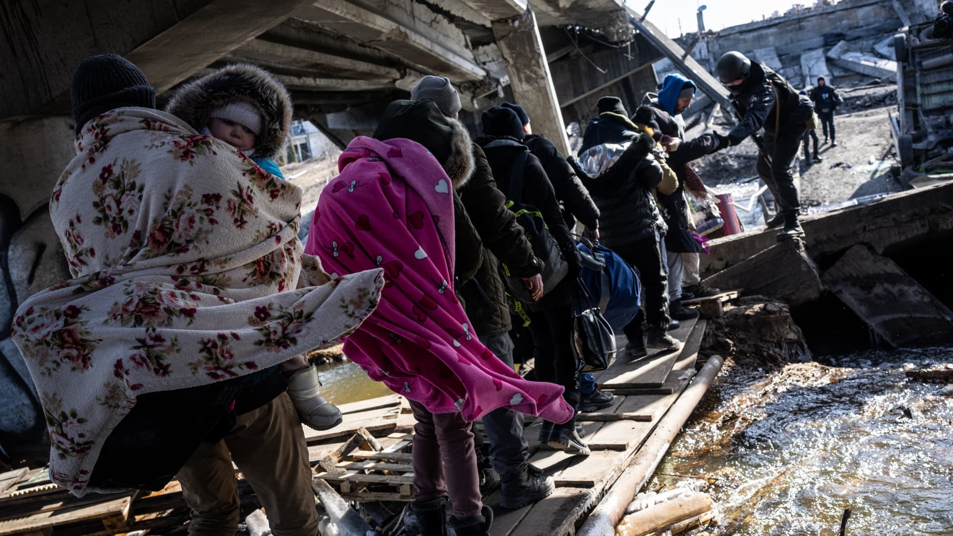 Civilians continue to flee the city of Irpin, Ukraine on March 11, 2022