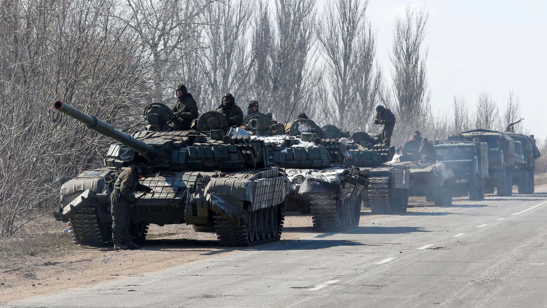 A view shows an armoured convoy of pro-Russian troops during Ukraine-Russia conflict outside the separatist-controlled town of Volnovakha in the Donetsk region, Ukraine March 12, 2022.