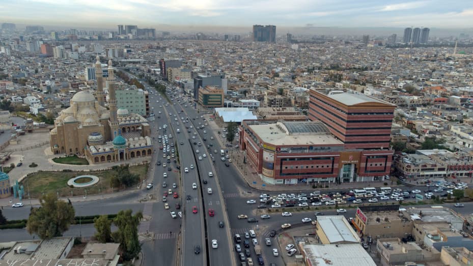 An aerial view shows Irbil, the capital of Iraq's northern autonomous Kurdish region.