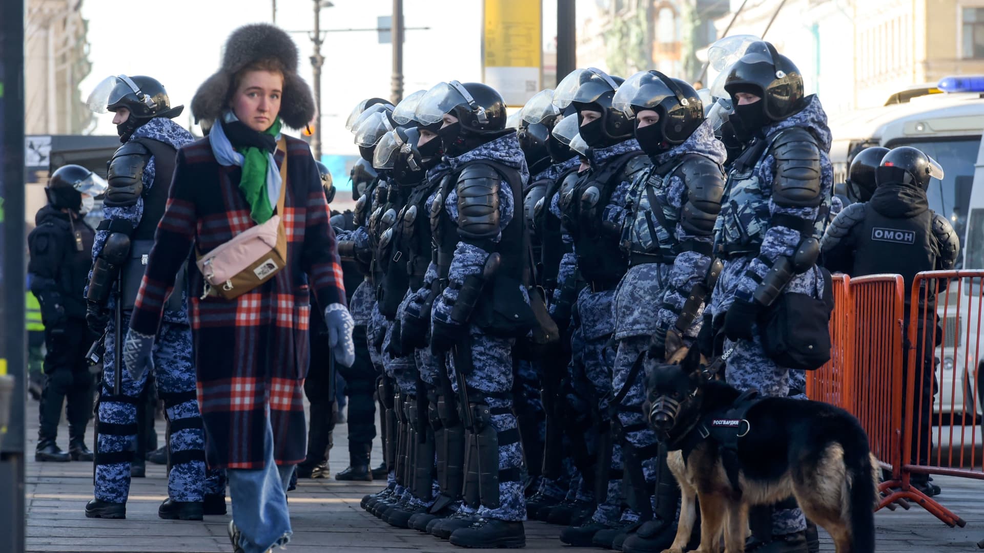 Riot police officers are seen deployed in the streets during a protest against Russian military action in Ukraine, in central Saint Petersburg on March 13, 2022.