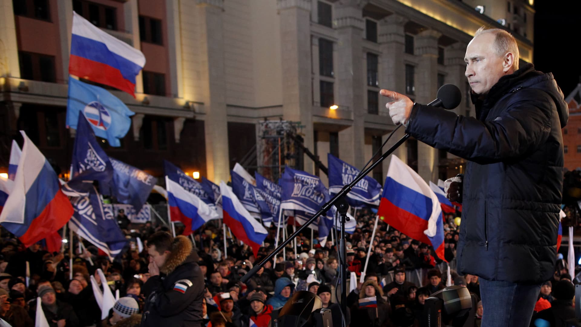 Vladimir Putin, then Russia's prime minister, addressing a rally at the Manezhnaya Square just outside the Kremlin in Moscow, on March 4, 2012.