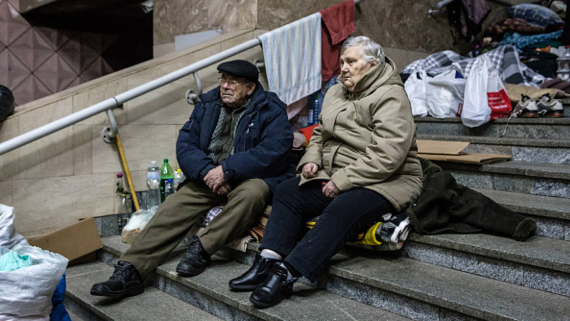 A view of people taking refuge at the Kharkiv Metro Station in Kharkiv, Ukraine as Russian attacks continue.