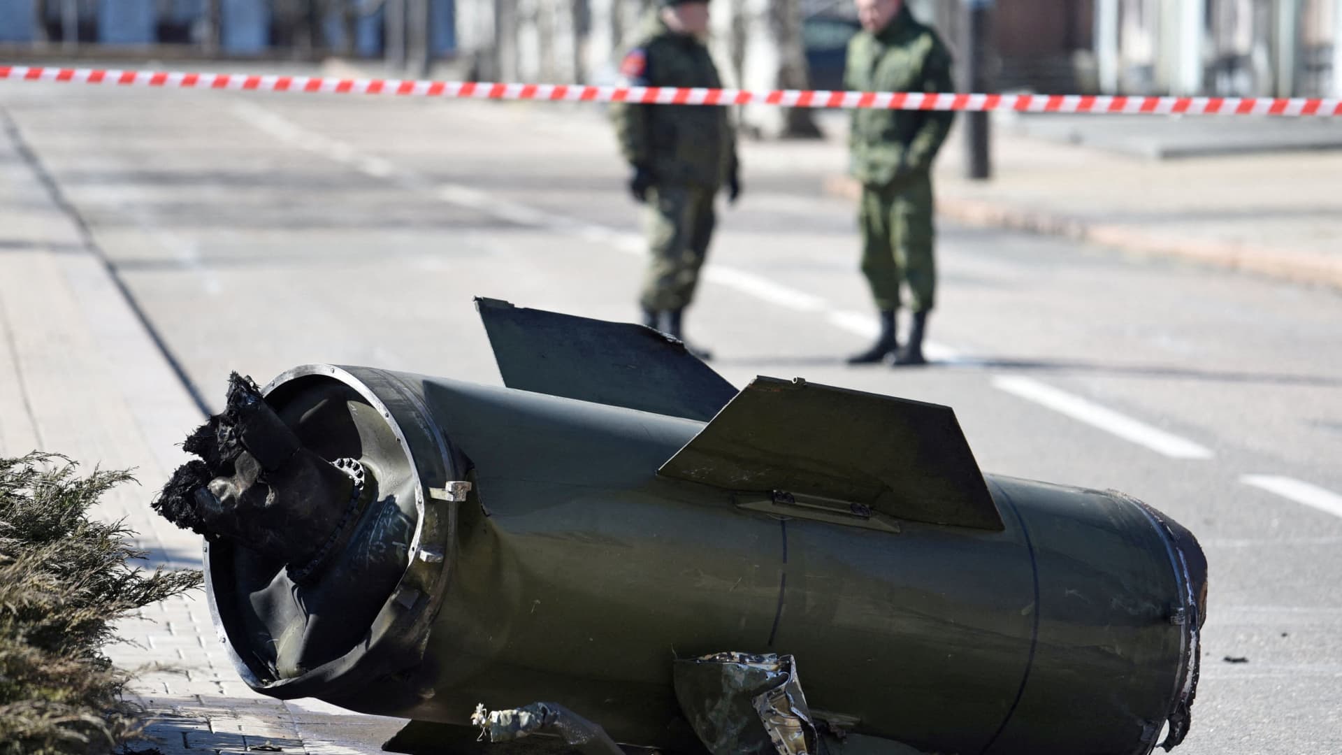 A fragment of a missile is seen in the street after shelling in the separatist-controlled city of Donetsk, Ukraine March 14, 2022.