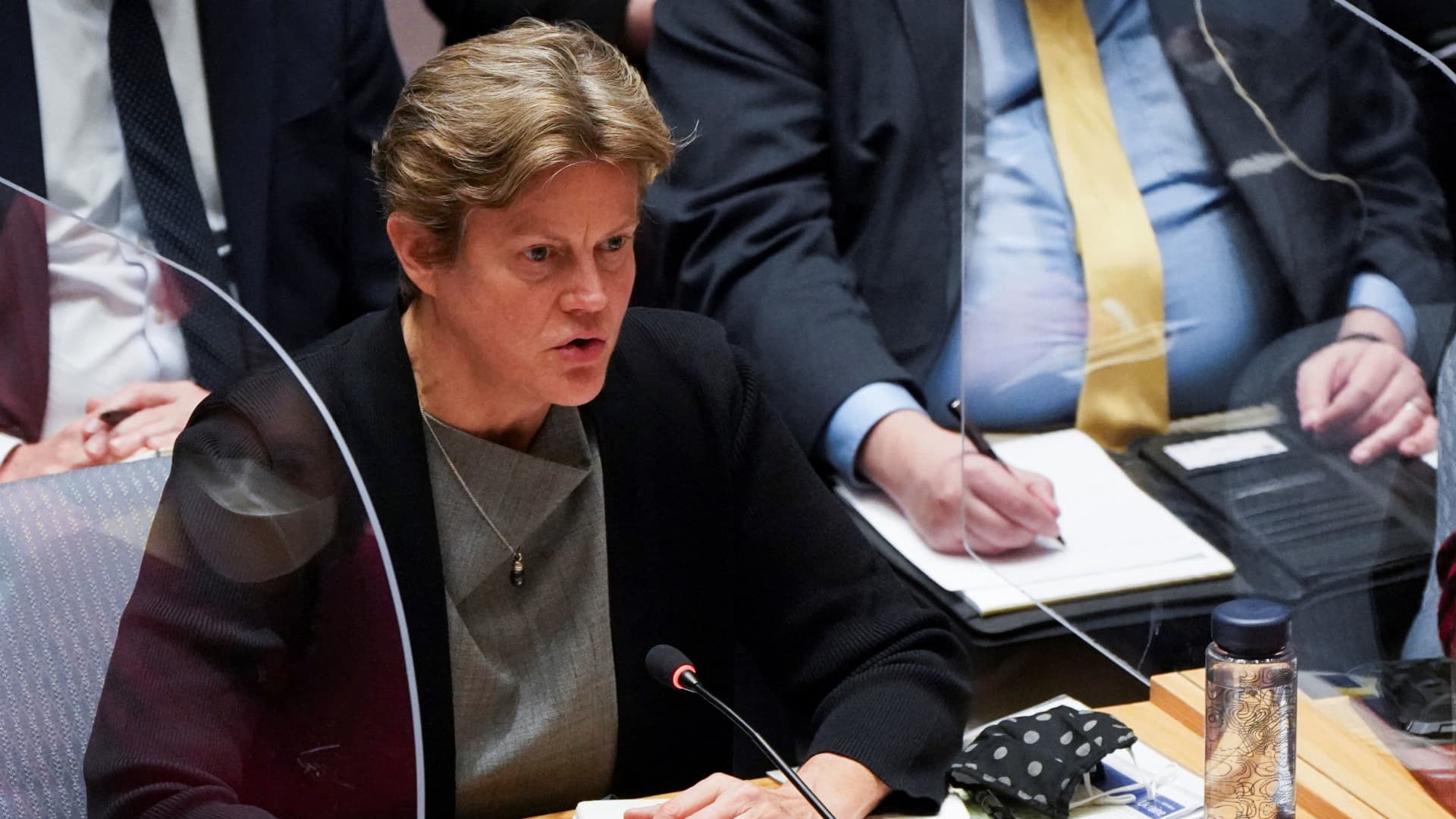 British Ambassador to the U.N. Barbara Woodward speaks during the United Nations Security Council meeting on Threats to International Peace and Security, following Russia's invasion of Ukraine, in New York City, U.S. March 11, 2022.