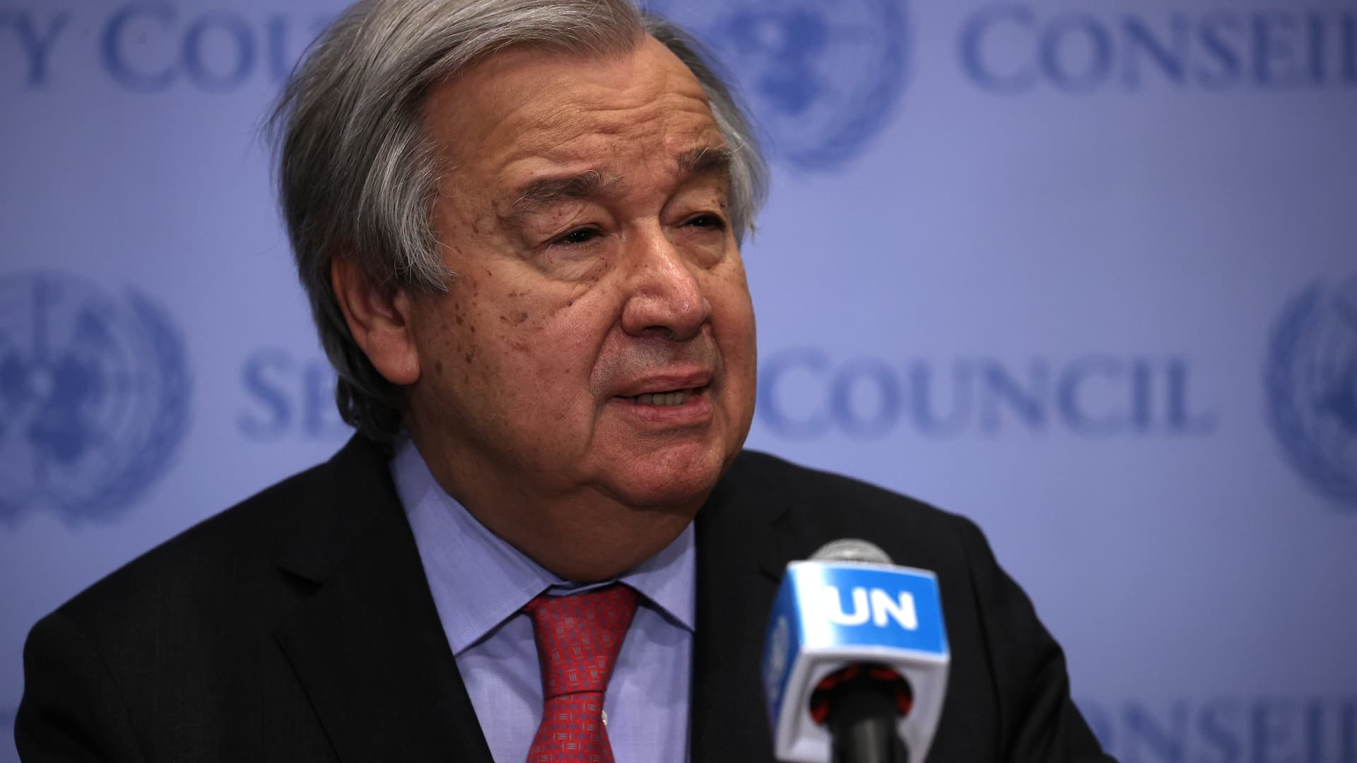 Secretary-General of the United Nations Antonio Guterres speaks to press about war in Ukraine at the Security Council Stakeout of UN headquarters in New York City, United States on March 14, 2022.