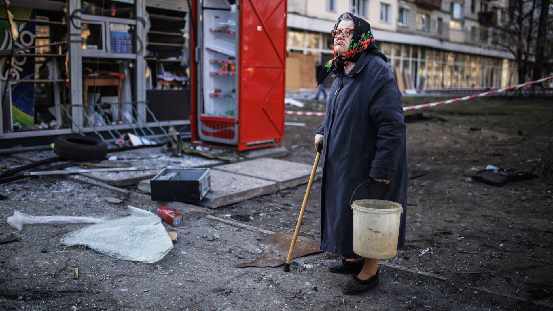Destruction after an apartment building hit by Russian attack in Kyiv, Ukraine on March 14, 2022.