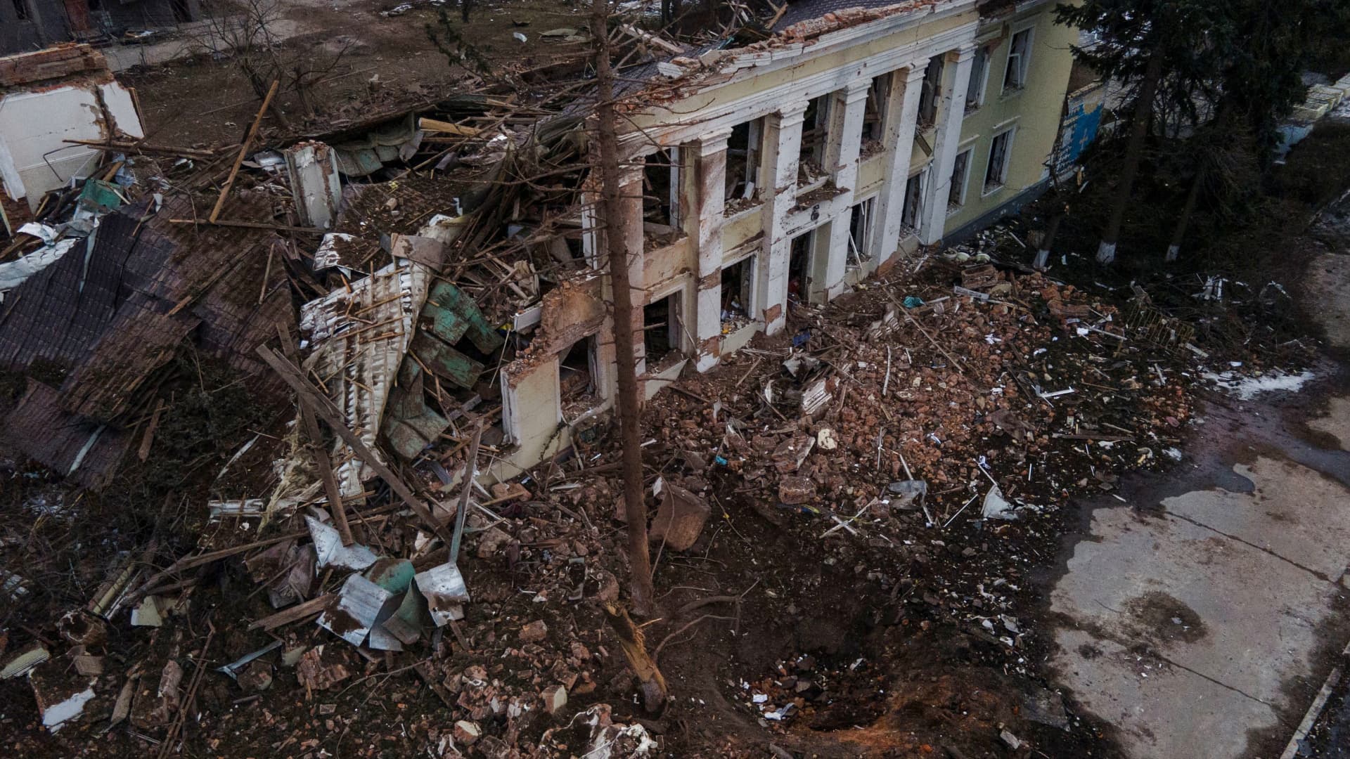 A view shows a building destroyed by an air strike, as Russia's attack on Ukraine continues, in the town of Okhtyrka, in the Sumy region, Ukraine March 14, 2022.