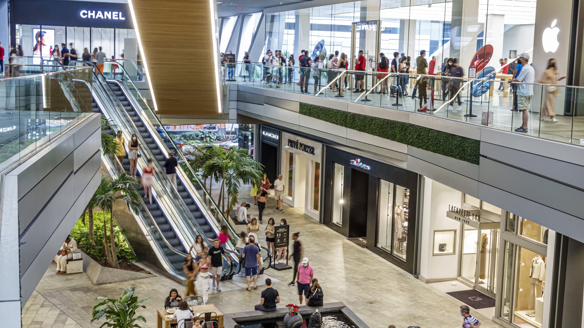 Miami, Florida, Brickell City Centre shopping mall with Apple Store, Chanel and escalators.