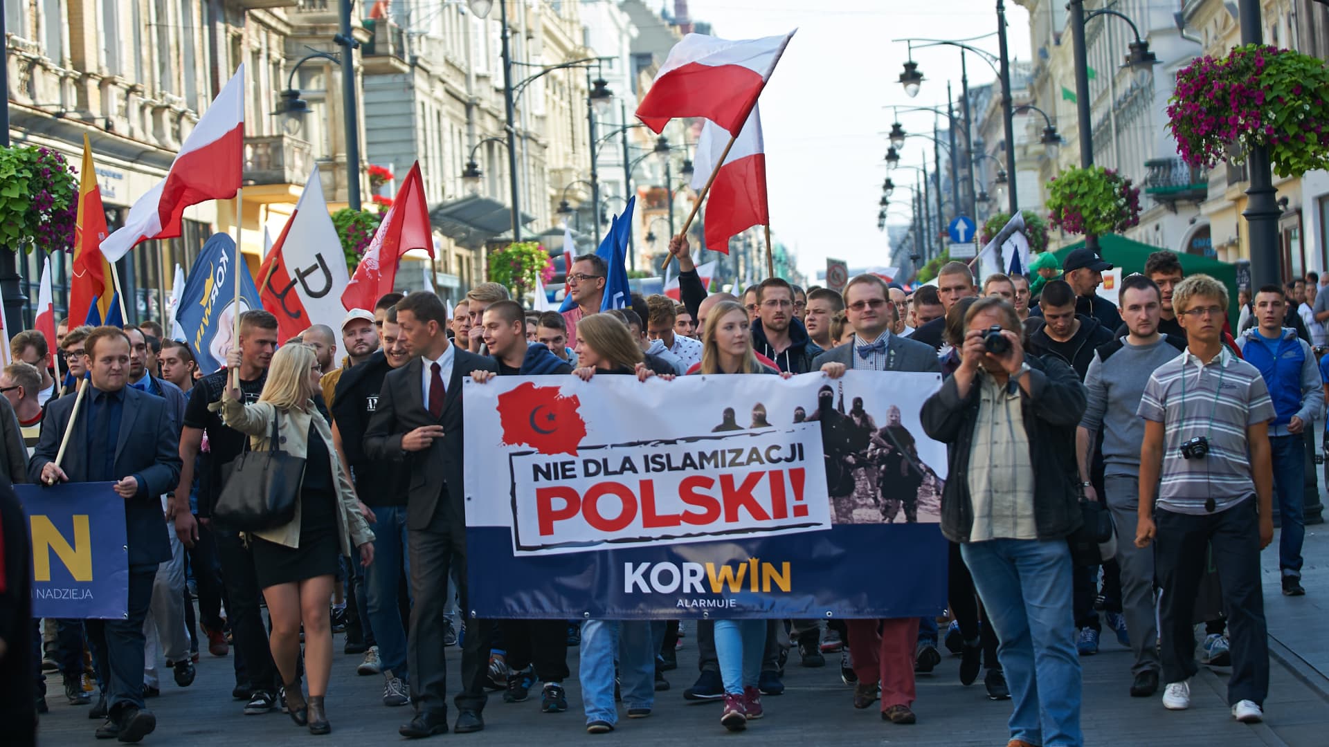 Members of far-right political party ONR protest against the implementation of the welcome policy towards foreign migrants from Syria and Iraq on September 12, 2015 in Lodz, Poland.