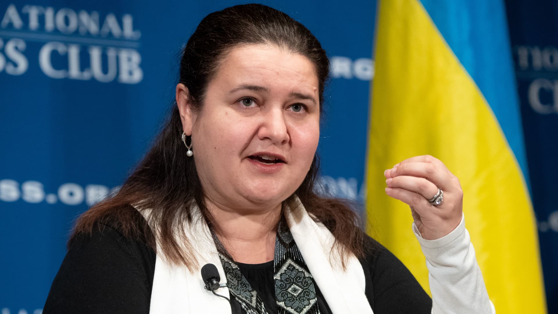 Ukrainian Ambassador to the United States Oksana Markarova speaks about the war in Ukraine during a press event at the National Press Club in Washington, DC, March 15, 2022.