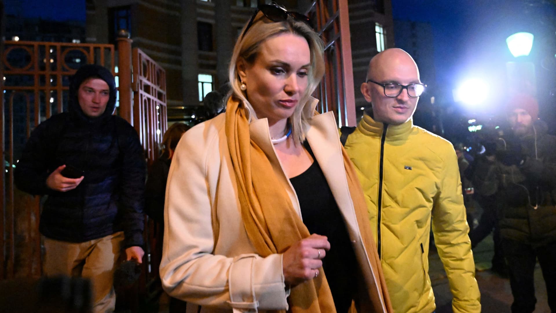 Marina Ovsyannikova, the editor at the state broadcaster Channel One who protested against Russian military action in Ukraine during the evening news broadcast at the station late Monday, leaves the Ostankinsky District Court.