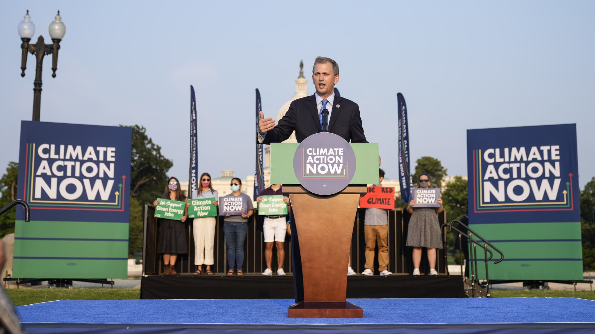 Rep. Sean Casten speaks during a rally about climate change issues near the U.S. Capitol on September 13, 2021 in Washington, DC.