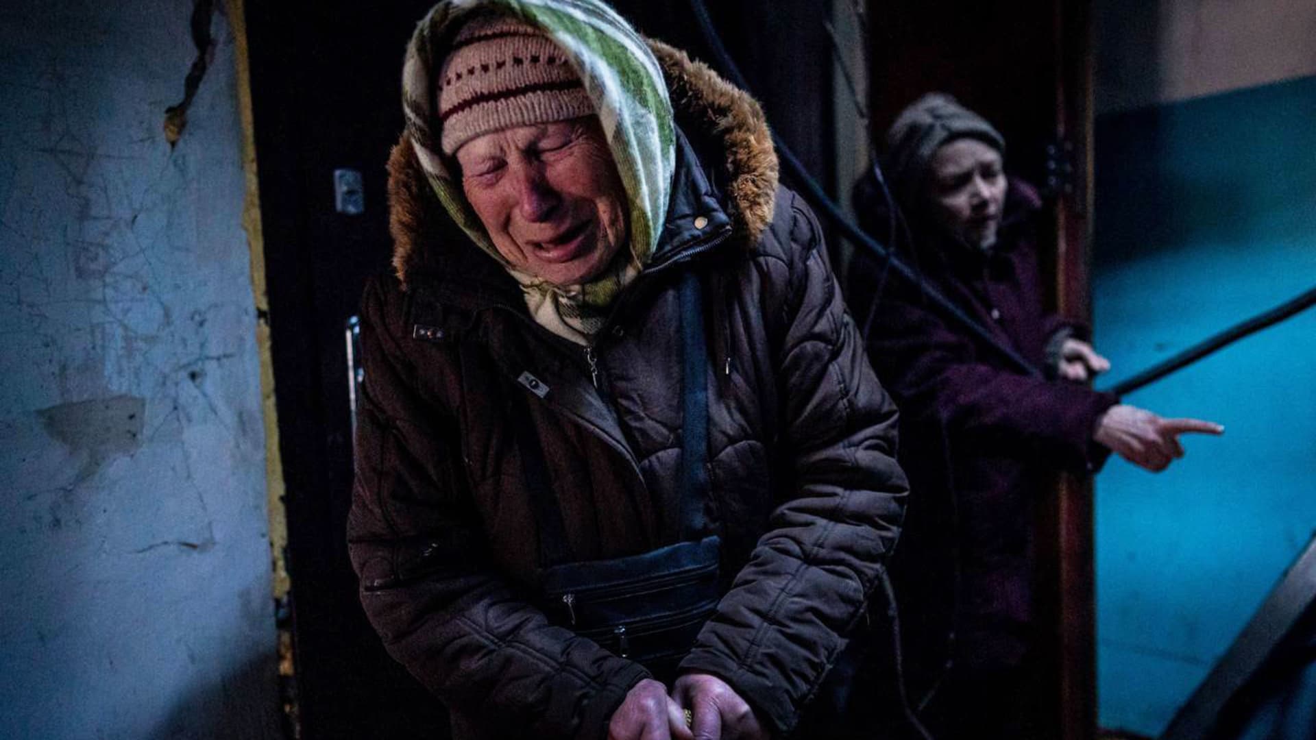 Alexandra, 86, cries after her apartment was destroyed by a grad rocket attack of the Russia in Kharkiv, Ukraine on March 15, 2022.