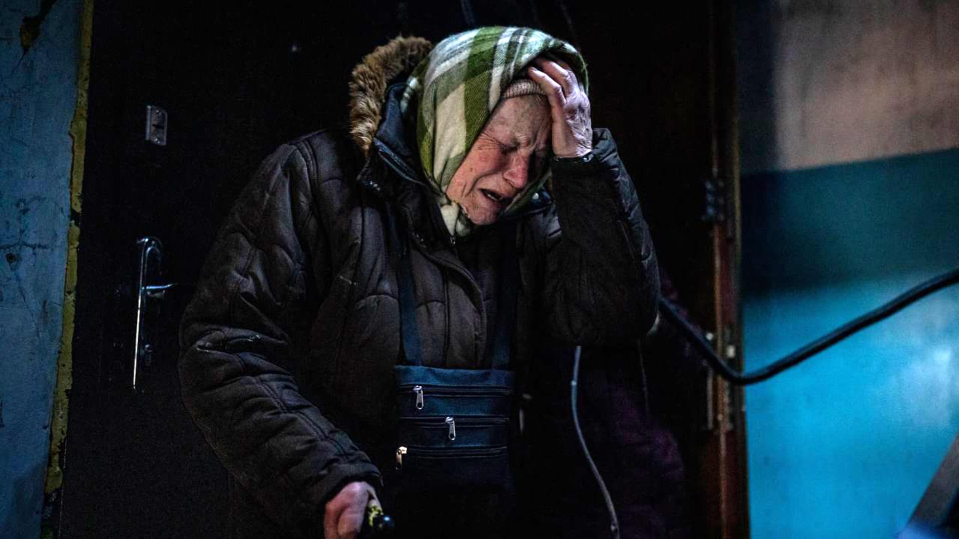 Alexandra, 86, cries after her apartment was destroyed by a Grad rocket attack in Kharkiv, Ukraine on March 15, 2022.
