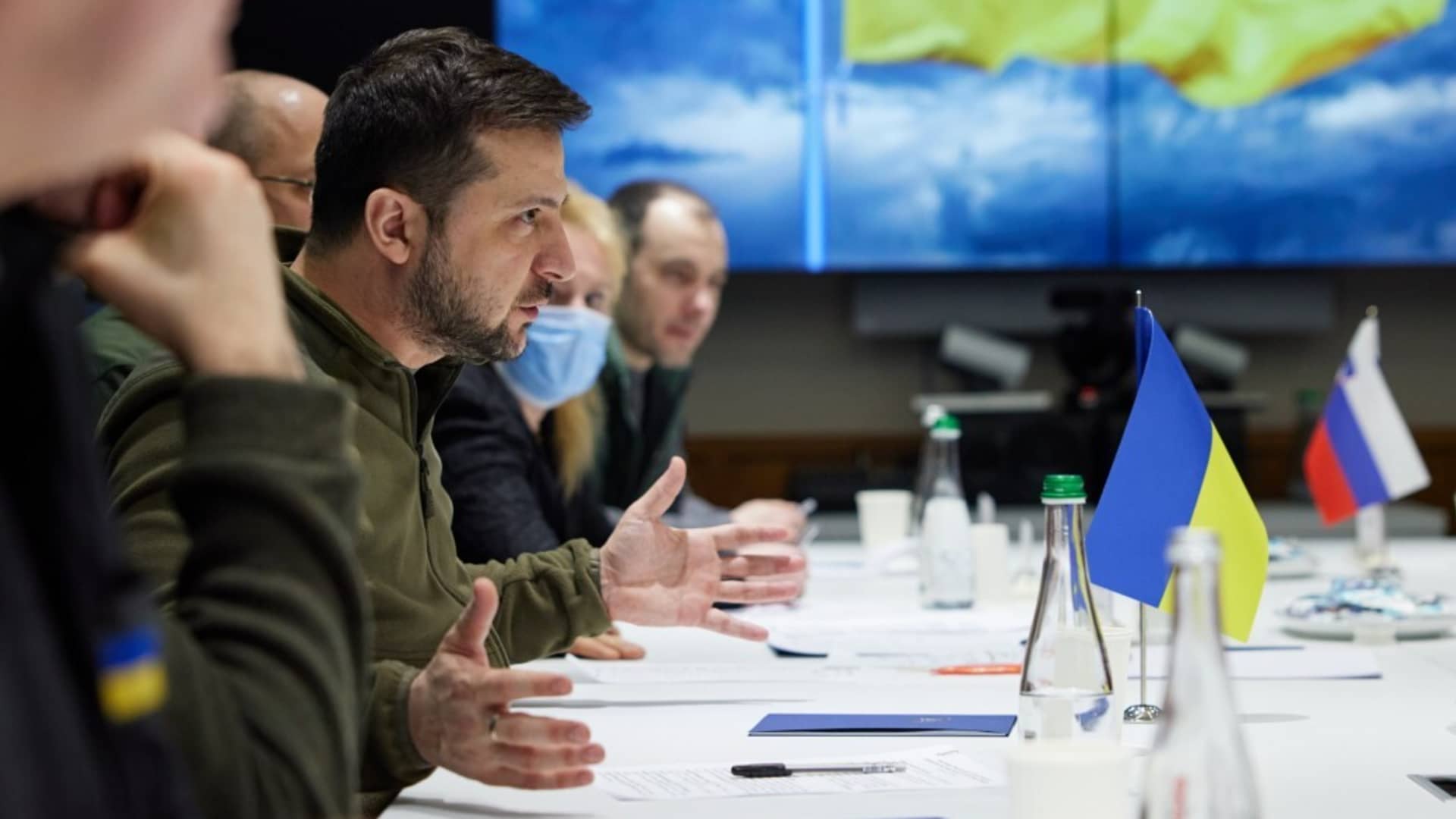 Ukrainian President Volodymyr Zelenskyy meets Prime Minister of the Czech Republic, Petr Fiala, Prime Minister of Poland, Mateusz Morawieckiand Prime Minister of Slovenia, Janez Jansaduring their visit in Kyiv on behalf of EU Council, on March 16, 2022.
